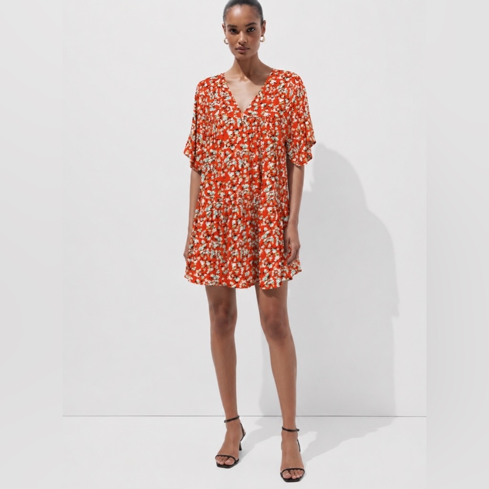 Made in Italy Boho Floral Babydoll Dress | Oversized Red Botanical Print | M/L